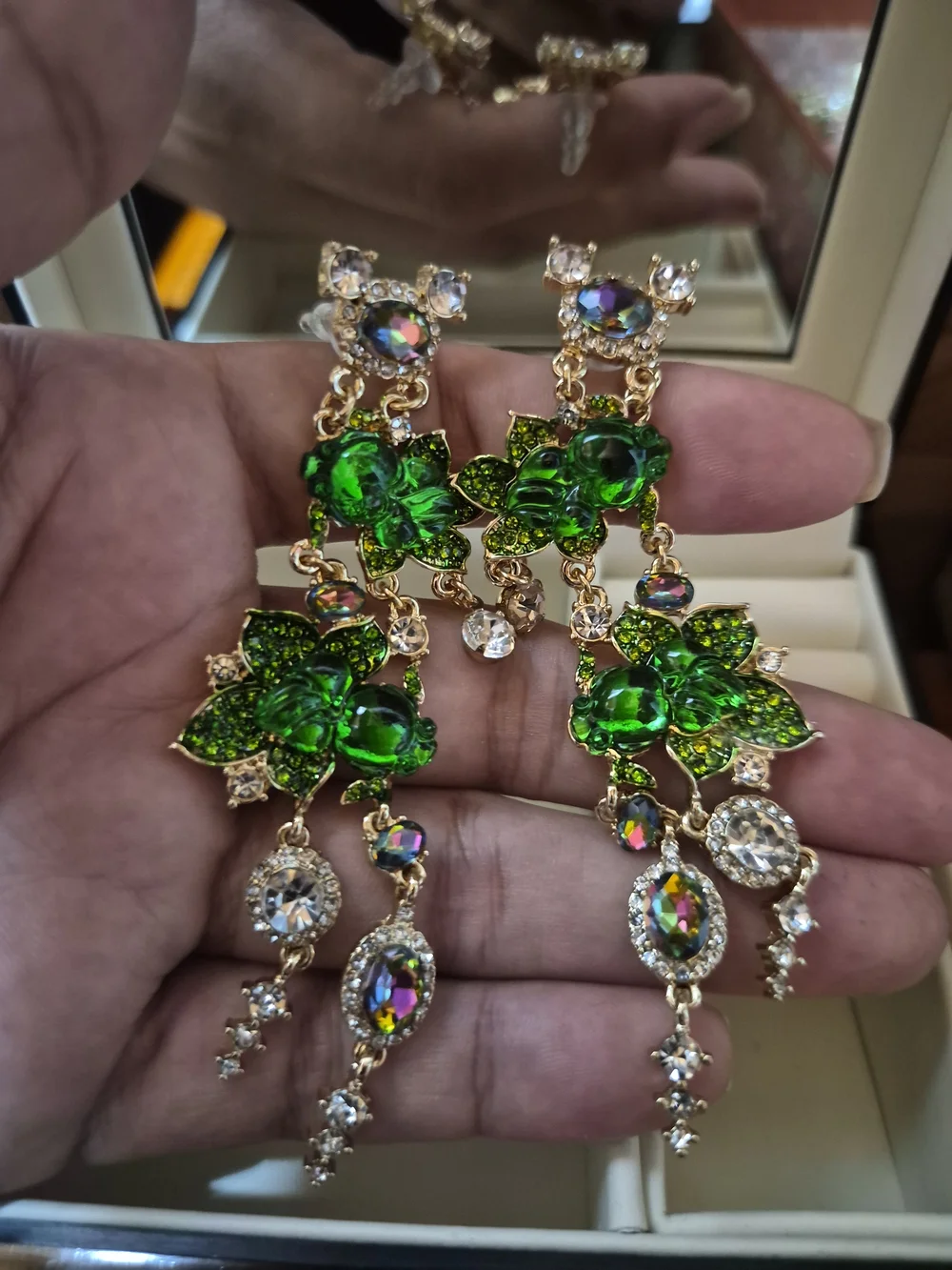 Gold-Tone Green Crystal Floral Dangle Earrings